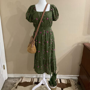 Sapphire Boho Fairycore Cottage Core Floral Embroidered Midi Dress Womens Small